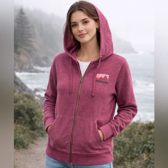 Patagonia Organic Cotton Zip Hoodie Berry Pink M Logo Front & Back - Picture 1 of 11
